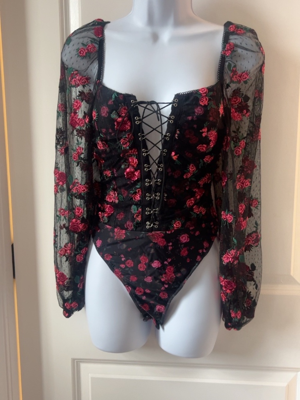 For Love & Lemons Blondie Rose Embroidered Bodysuit Small